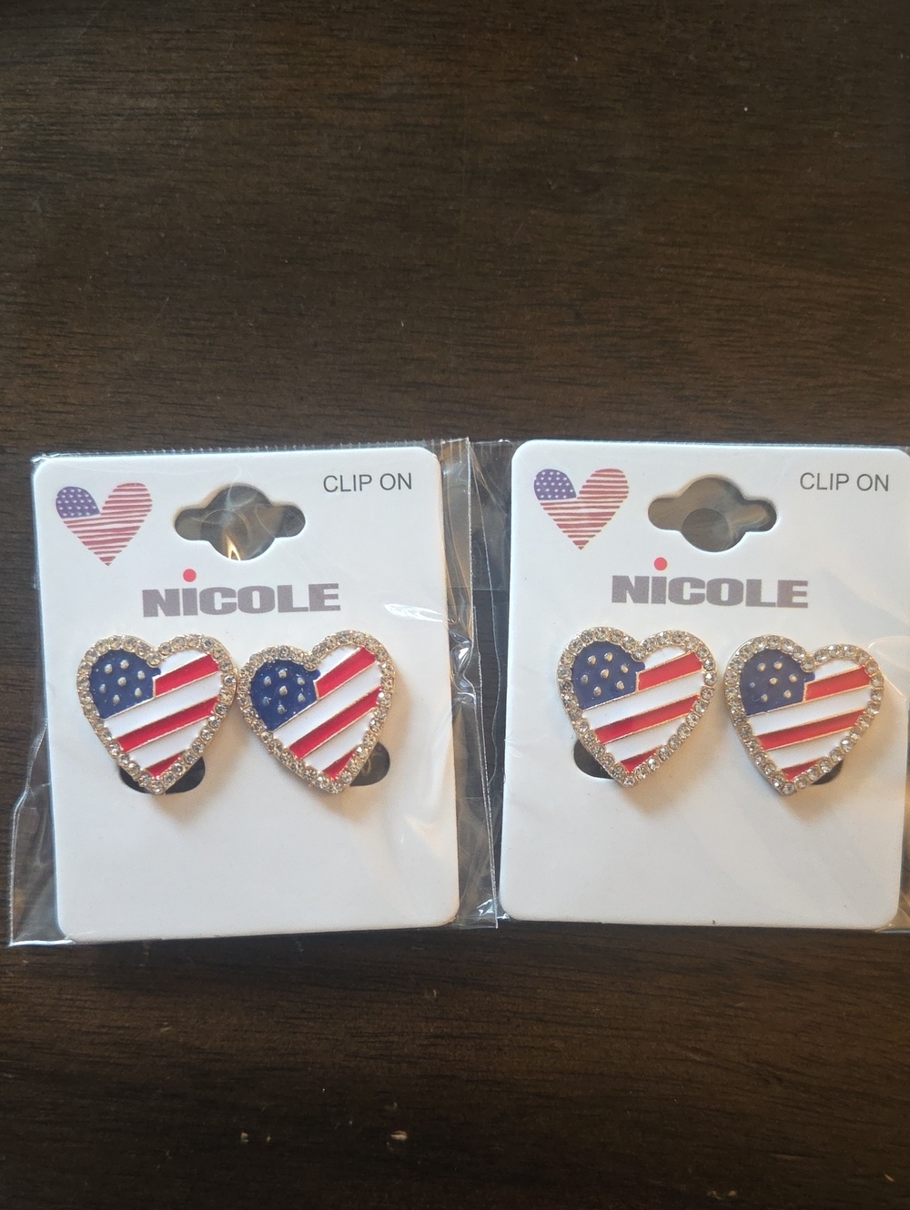 SALE 2 -Sets Nicole Heart-Shaped American Flag Clip-On Earrings - Red White Blue
